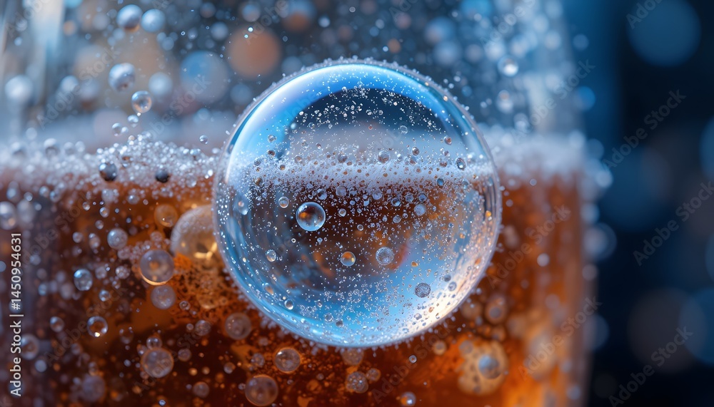 Poster sparkling bubble, refreshing drink, close-up. macro photography reveals the intricate details and cl