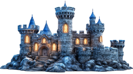 Fantasy kingdom stronghold edifice with spires, cut out transparent