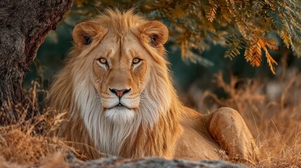 Obraz premium Majestic Male Lion Resting Under Tree Shade