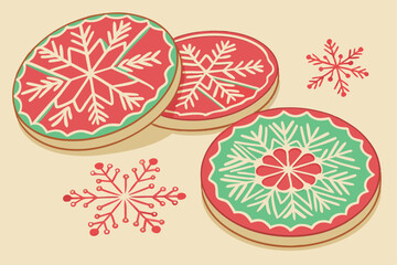 16 Christmas cookies, snowflake designs, colorful icing, festive patterns, circular sugar cookies, red and green decorations, white frosting details, holiday baking, intricate piping work, pastel colo