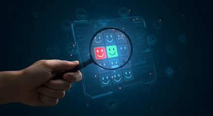 Customer feedback analysis with magnifying glass on digital interface for user satisfaction data