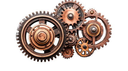 Naklejka na ściany i meble Assorted bronze gears and cogs connected mechanism, cut out transparent