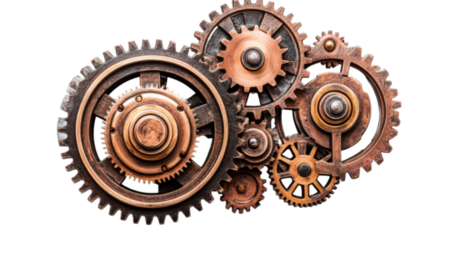 Assorted bronze gears and cogs connected mechanism, cut out transparent - Powered by Adobe