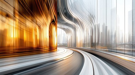 Modern, futuristic architectural interior with a curved, mirrored road leading to a city skyline Golden-toned walls, sleek glass, and motion blur create a sense of speed and progress