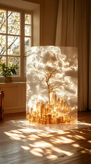 A translucent, resin panel showcases a miniature city scape, complete with a bare tree, bathed in sunlight filtering through a window