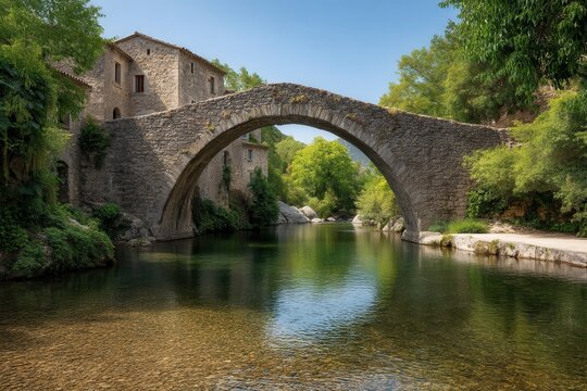 Stone bridge crossing a river in a sunny summer day in lagrasse, france