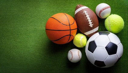 various sports balls soccer ball american football basketball tennis ball golf ball and volleyball on a green background