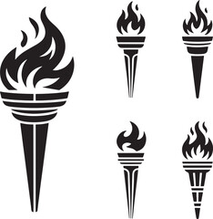 Medieval torches with burning fire silhouette set vector illustration isolated On Transparent Background