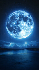 Large, vibrant blue moon over a tranquil night scene