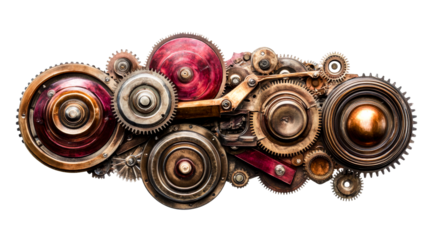 Complex mechanical gears and cogs arrangement, cut out transparent