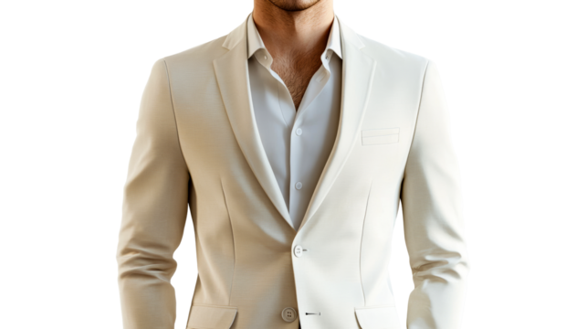 Man's Cream Blazer with Unbuttoned Shirt, cut out transparent