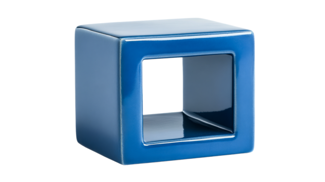 Modern glossy blue ceramic cube, open shape object, cut out transparent