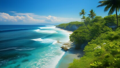 tropical coastline in sunny day with trees and blue ocean with waves in bali