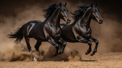 Two Black Horses Galloping Dust