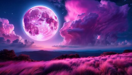 stunning cosmic scene with a vibrant pink moon and dramatic clouds