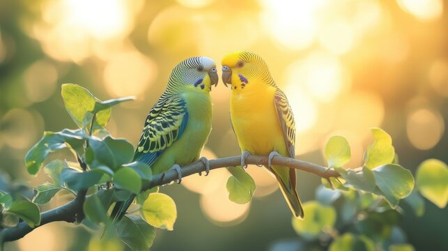 Two parakeets on branch, love, nature