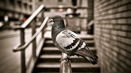 Fototapeta premium A pigeon perched gracefully on a metallic railing, observed against the backdrop of a city scene. The shot is in monochromatic tone and evokes a sense of urban tranquility.