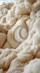 Abstract close-up of sculpted, textured, creamy-beige formations resembling clouds or foam, with a swirl of light beige in the center