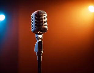 Microphone on a stand on a color background.