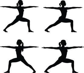 Yoga Warrior II Pose Woman Silhouette Set – Side View Full Body Black Vector on White Background