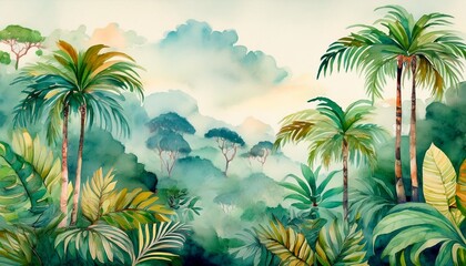 painting of a jungle landscape lush green rainforest with big trees and leaves watercolor pattern wallpaper in vintage retro style abstract art concept