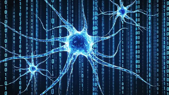 Digital Neuron Network:  A mesmerizing visualization of neural connections within a digital binary code stream, representing the intricate relationship between technology and biology.