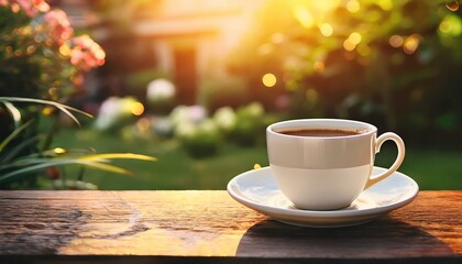 Obraz premium cup of coffee on the table in the backyard with vintage tone