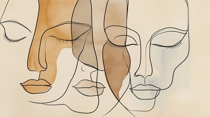 Modern Abstract Line Art of Overlapping Female Faces with Earthy Watercolor Accents &ndash; Minimalist Portrait Illustration in Neutral Tones