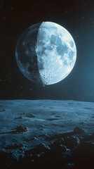 Fototapeta premium A half-lit moon hangs over a desolate, icy landscape. Detailed celestial scene