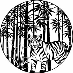 Artistic black and white depiction of a tiger among bamboo in a circular design Generative AI