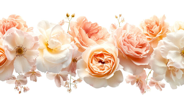 Beautiful peach and white floral border arrangement, cut out transparent