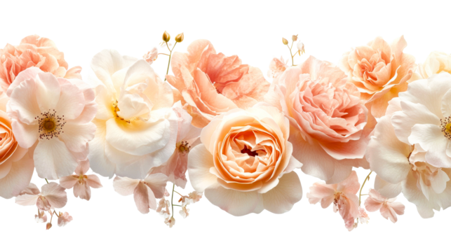 Beautiful peach and white floral border arrangement, cut out transparent