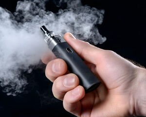 Closeup Hand Holding Vape Pen Emitting Smoke Dark Background