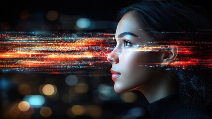 Woman gazes, light streams around head. Futuristic view