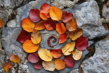 Autumn leaves arranged in a spiral pattern on a stone surface, creating a natural mandala.