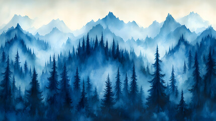Obraz premium Misty blue mountains shrouded in fog a serene forest of evergreen trees stretches across the landscape