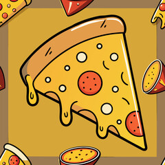 Enjoying a slice of melted cheese pizza with pepperoni and dipping sauce on a bright yellow background Generative AI