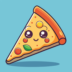 Colorful slice of cartoon pizza with a smiling face and toppings on a blue background Generative AI