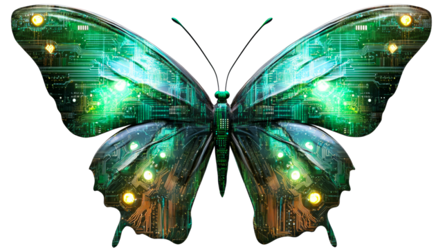 Electronic butterfly wings illuminated, circuit board details, cut out transparent