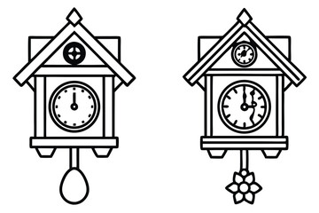 Cuckoo Clock Front Clipart Set - Outline, Silhouette & Color