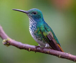 Fototapeta premium A female hummingbird, White-throated Jacobin, perched on a branch in a tropical forest, Florisuga mellivora