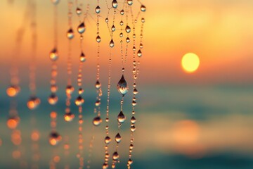 Obraz premium Sunrise dew drops clinging to a spiderweb, reflecting the warm golden light.