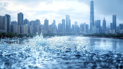 Urban river splashes in a cloudy city