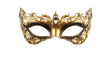 Ornate gold masquerade mask with jewels and filigree, cut out transparent