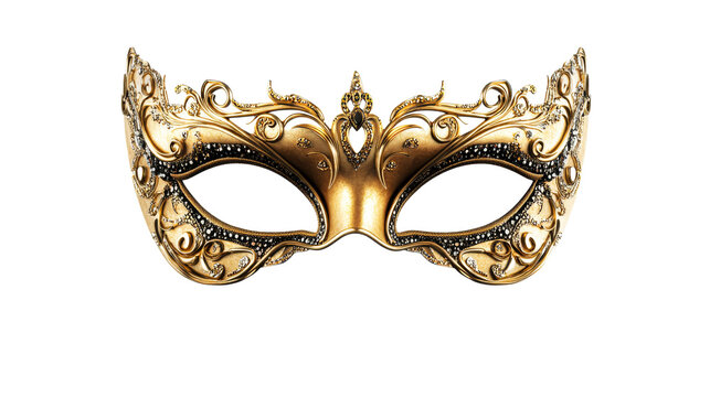 Ornate gold masquerade mask with jewels and filigree, cut out transparent