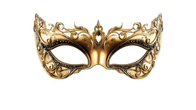 Ornate gold masquerade mask with jewels and filigree, cut out transparent