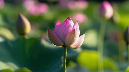Obraz premium Serene Pink Lotus Flower in Bloom Amidst Green Lotus Leaves in a Peaceful Pond Setting