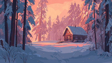 travel destination, cozy cabin in snowy forest, winter landscape, sunset light, minimalistic background,