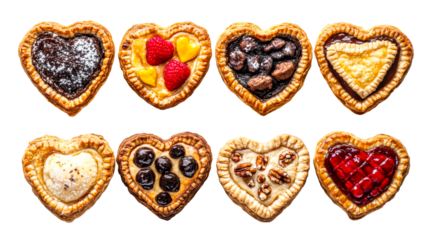 Heart shaped tarts assortment with fillings variety, cut out transparent