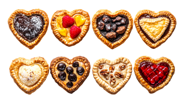 Heart shaped tarts assortment with fillings variety, cut out transparent